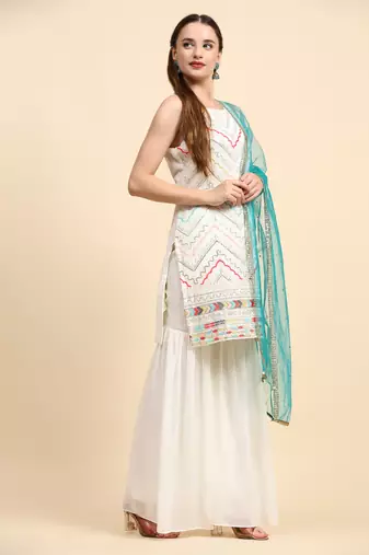 White sequins embroidered georgette sharara suit