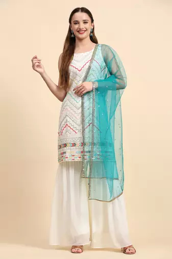 White sequins embroidered georgette sharara suit