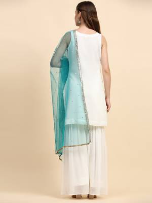 White sequins embroidered georgette sharara suit 4