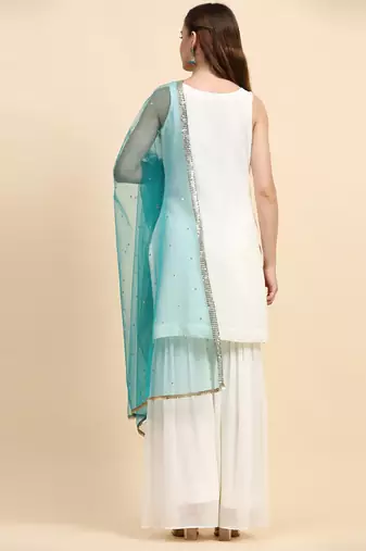 White sequins embroidered georgette sharara suit