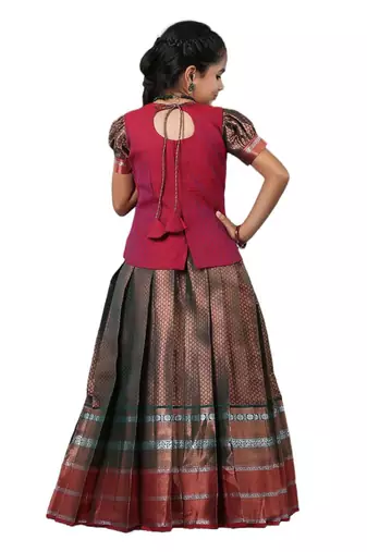 girls Pink bali silk pattu pavadai set