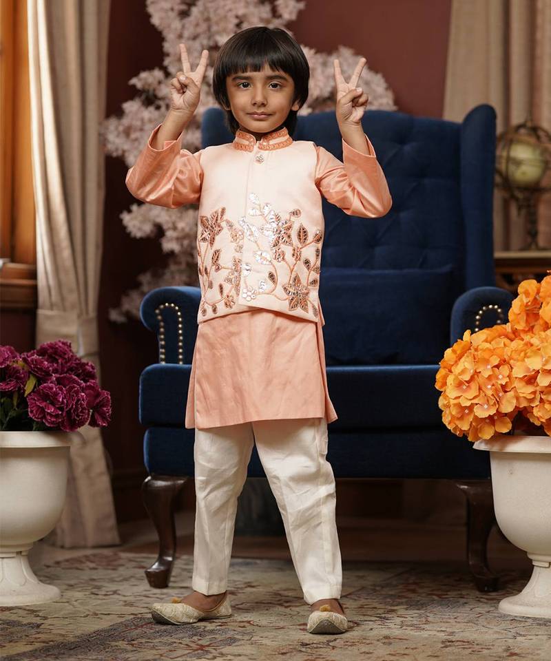 Pink Gotta Embroidery Nehru Jacket And Kurta Sets