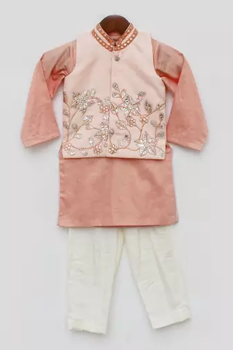 Pink Gotta Embroidery Nehru Jacket And Kurta Sets