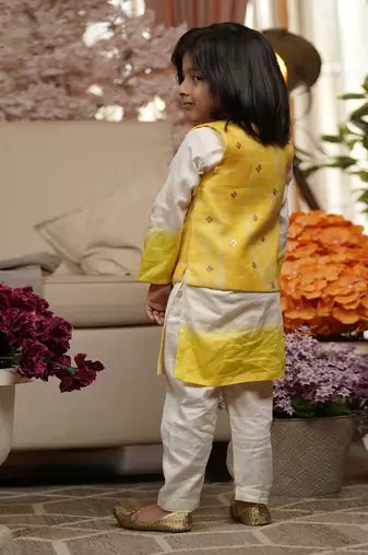 Yellow Organza Jacket with Kurta and Pant