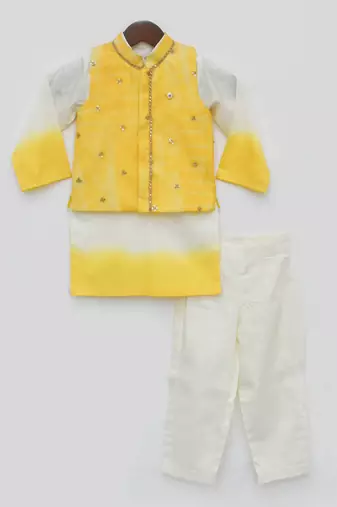 Yellow Organza Jacket with Kurta and Pant