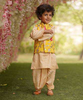 Yellow Gotta Embroidery Jacket with Kurta and Dhoti 1
