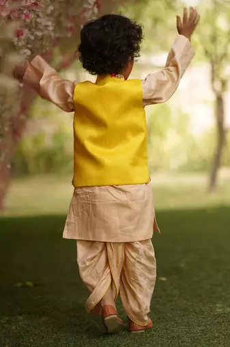 Yellow Gotta Embroidery Jacket with Kurta and Dhoti