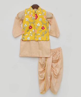 Yellow Gotta Embroidery Jacket with Kurta and Dhoti 3
