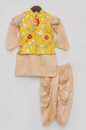 Yellow Gotta Embroidery Jacket with Kurta and Dhoti