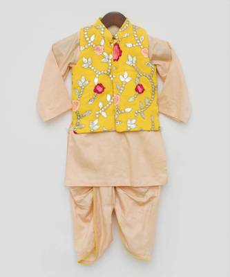 Yellow Gotta Embroidery Jacket with Kurta and Dhoti 4