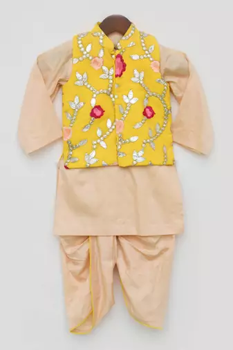 Yellow Gotta Embroidery Jacket with Kurta and Dhoti