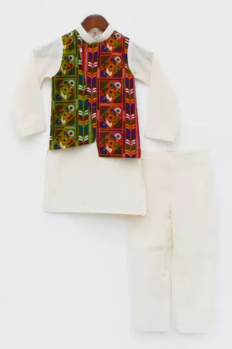 White Self Kurta Jacket and Pant