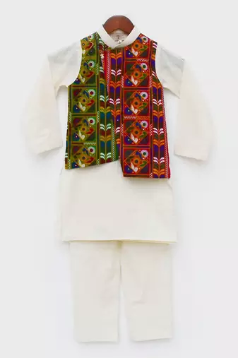 White Self Kurta Jacket and Pant