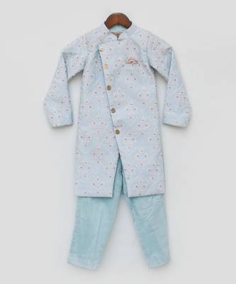 Blue Embroideed Achkan And Pant For Boys 1