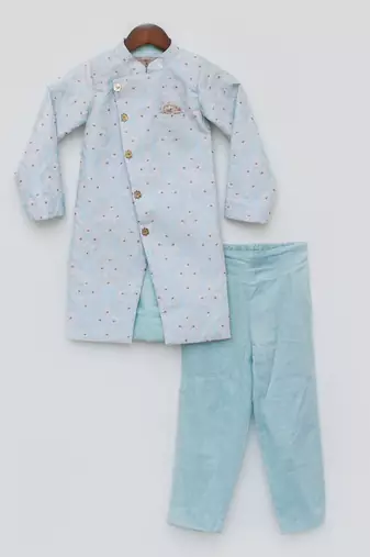 Blue Embroideed Achkan And Pant For Boys