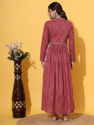 Vbuyz Women'S Floral Print Anarkali Cotton Pink Alia Cut Stitched Anarkali Kurta 2