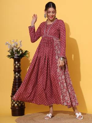 Vbuyz Women'S Floral Print Anarkali Cotton Pink Alia Cut Stitched Anarkali Kurta 5