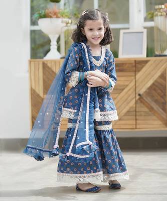 Blue Cotton Printed Sharara Set  1