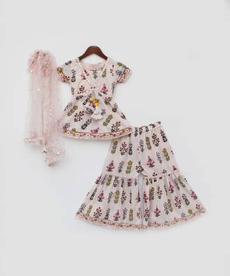 Pink Cotton Print Kurti Sharara and Pink Net Dupatta 3
