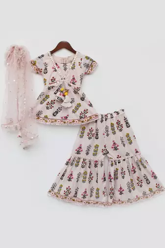 Pink Cotton Print Kurti Sharara and Pink Net Dupatta