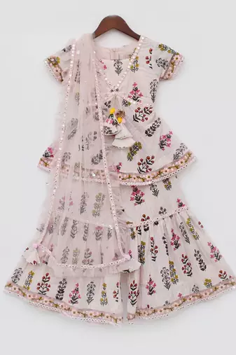 Pink Cotton Print Kurti Sharara and Pink Net Dupatta