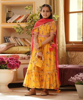 Yellow Print Anarkali and Chiffon Dupatta 1