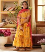 Yellow Print Anarkali and Chiffon Dupatta