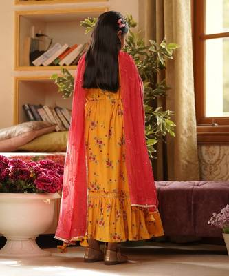 Yellow Print Anarkali and Chiffon Dupatta 2