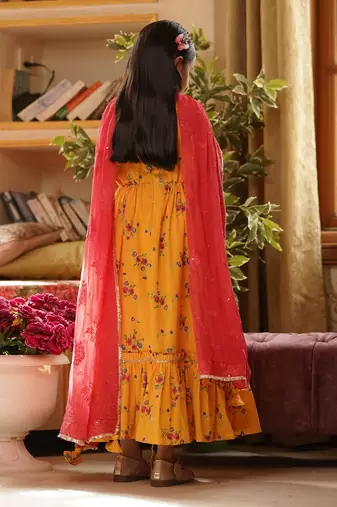 Yellow Print Anarkali and Chiffon Dupatta