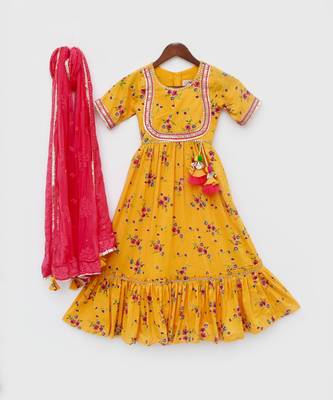 Yellow Print Anarkali and Chiffon Dupatta 3