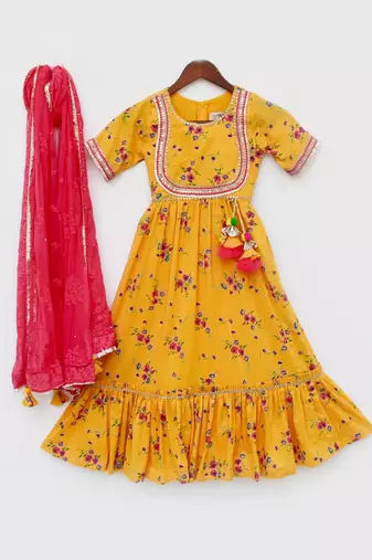 Yellow Print Anarkali and Chiffon Dupatta