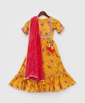Yellow Print Anarkali and Chiffon Dupatta 4