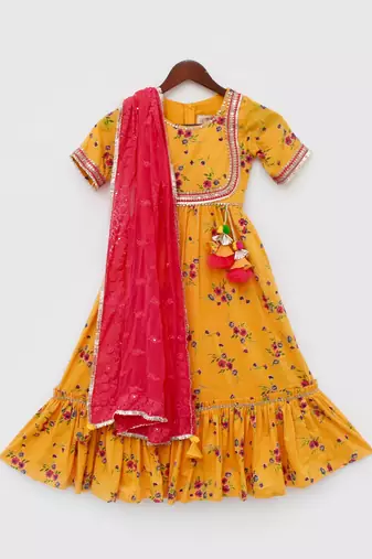 Yellow Print Anarkali and Chiffon Dupatta