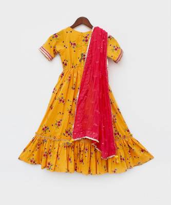 Yellow Print Anarkali and Chiffon Dupatta 5