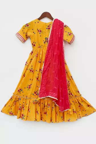 Yellow Print Anarkali and Chiffon Dupatta