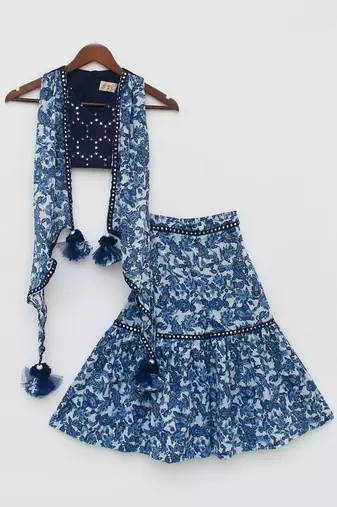 Blue Mirror Embroidery Top and Printed Sharara