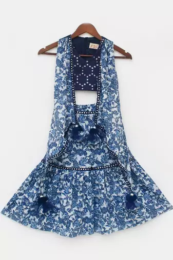 Blue Mirror Embroidery Top and Printed Sharara
