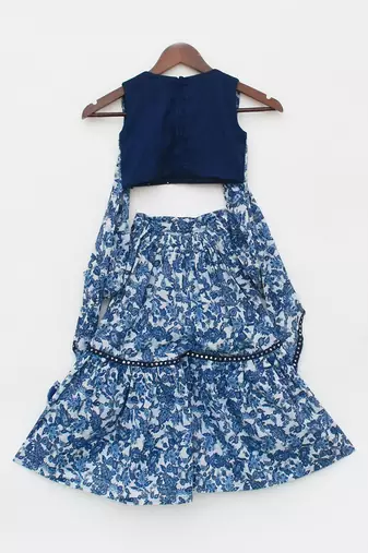 Blue Mirror Embroidery Top and Printed Sharara