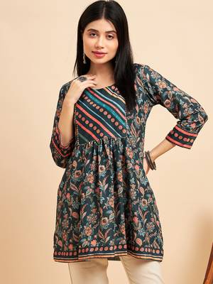 Dark Green Chinon Floral Printed Short Top 2