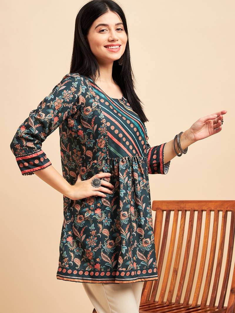 Dark Green Chinon Floral Printed Short Top