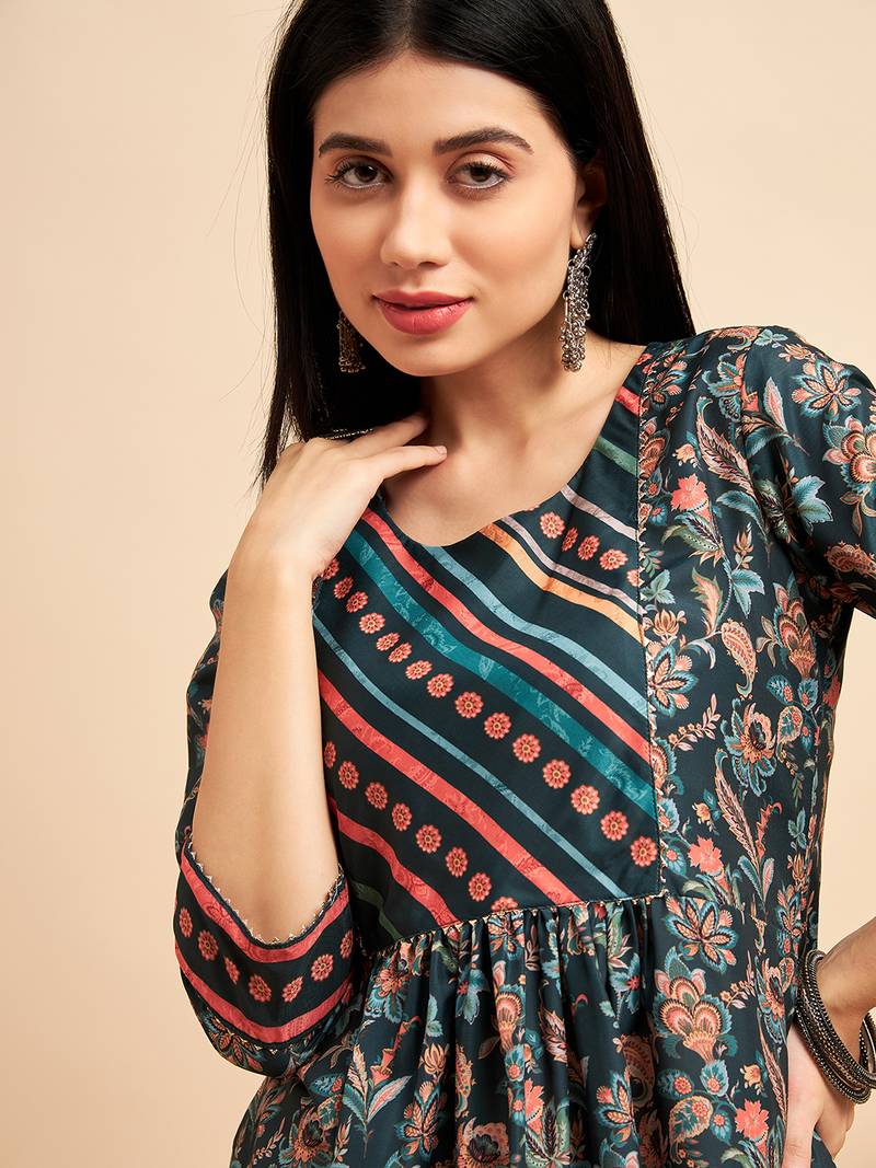 Dark Green Chinon Floral Printed Short Top