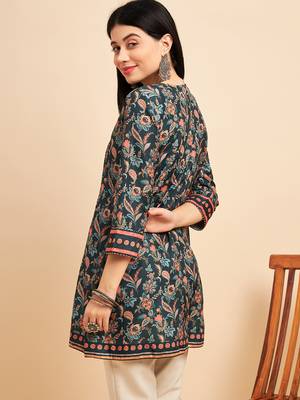 Dark Green Chinon Floral Printed Short Top 5