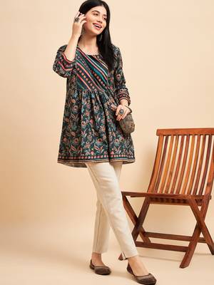 Dark Green Chinon Floral Printed Short Top 6