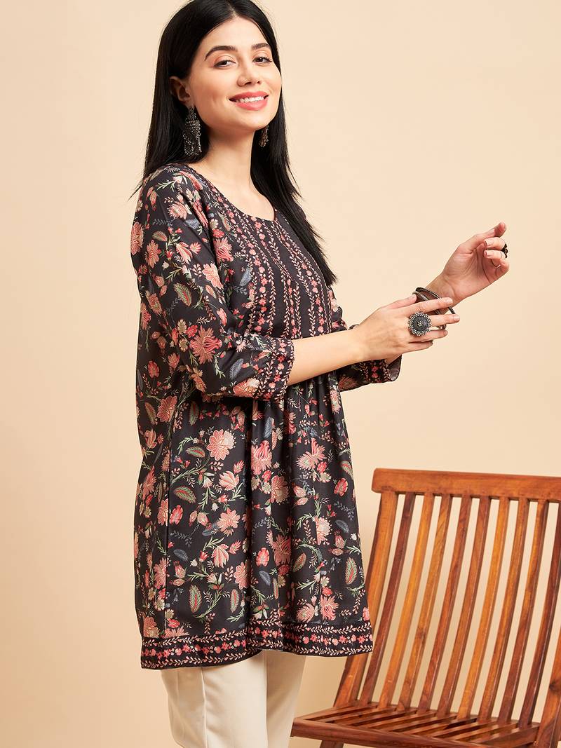 Black Chinon Floral Printed Short Top