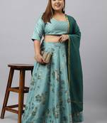 XL LOVE By Janasya Women's Sea Green Poly Silk Foil Printed Lehenga Choli With Dupatta