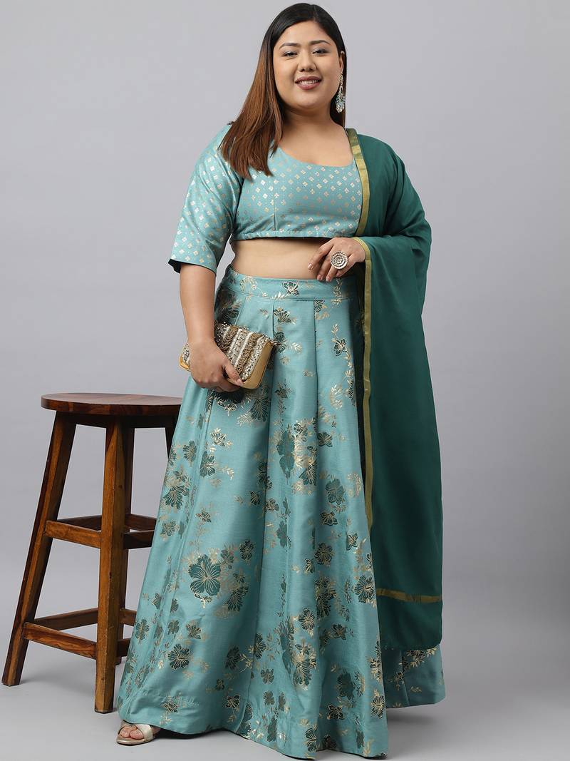 XL LOVE By Janasya Women's Sea Green Poly Silk Foil Printed Lehenga Choli With Dupatta