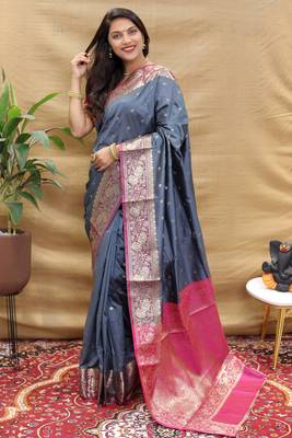 Grey pure silk with gold zari Faux kanchipuram paithani saree with blouse 1