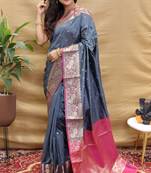 Grey pure silk with gold zari Faux kanchipuram paithani saree with blouse