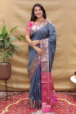 Grey pure silk with gold zari Faux kanchipuram paithani saree with blouse 2