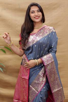 Grey pure silk with gold zari Faux kanchipuram paithani saree with blouse 3
